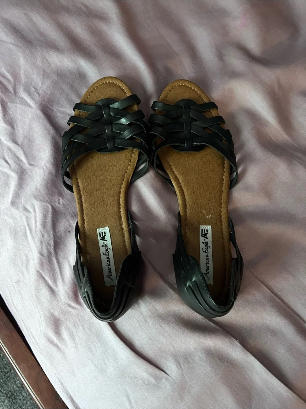 American Eagle Outfitters Black Woven Slide Sandals with Tan Footbed